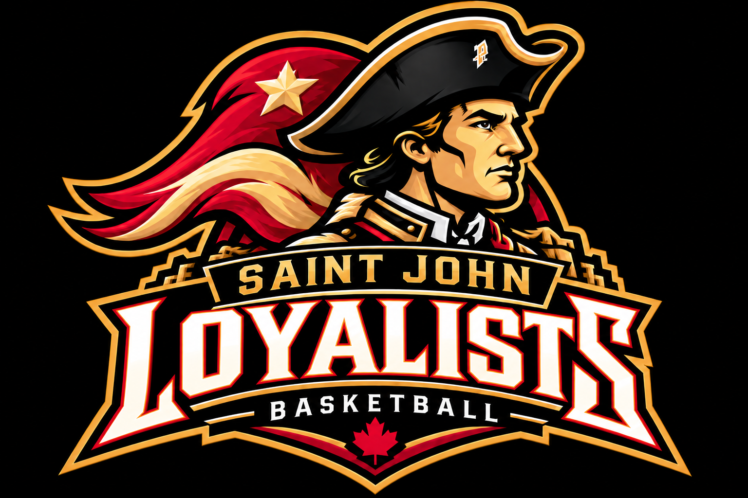 Saint John Loyalists basketball crest in maroon, black and gold